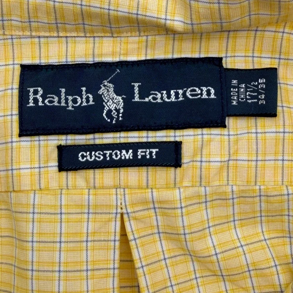 Polo Ralph Lauren Mens Custom Fit Plaid Button Down Shirt Yellow Blue 17.5 34/35